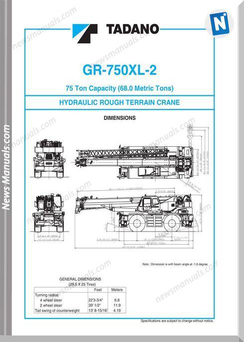 Tadano Terrain Crane Gr750Xl-2 Load Charts User Manual