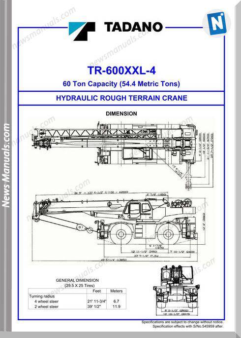 Tadano Terrain Crane Tr600Xxl-4 Load Charts User Manual