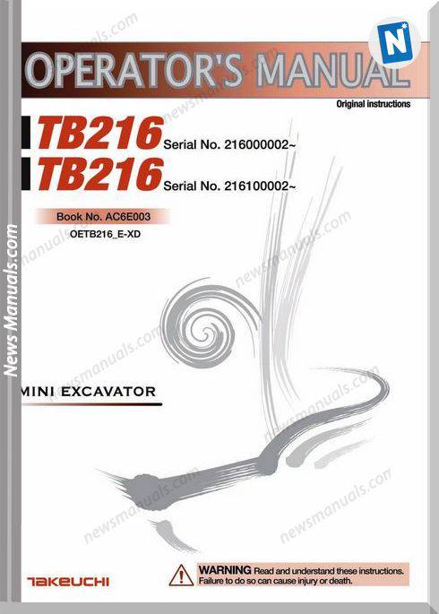 Takeuchi Excavator Tb216-216000002 Operation Manual