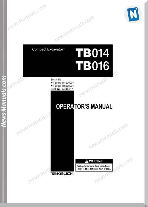 Takeuchi Tb014-016 Ac4E017 English Tne Operators Manual