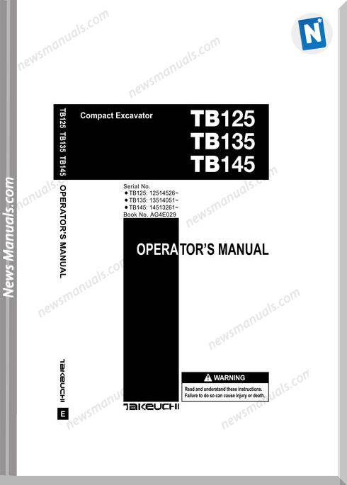 Takeuchi Tb125 135 145 Ag4E029 English Operators Manual