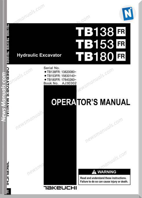 Takeuchi Tb138 153 180Fr Aj3E002 Operators Manual