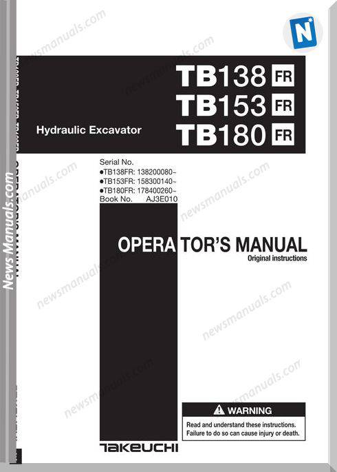 Takeuchi Tb138 Fr,Tb153,Tb180 Fr Operator Manual