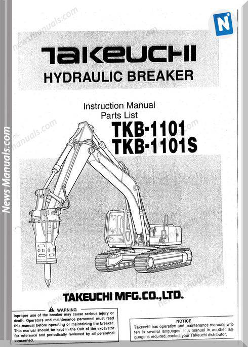 Takeuchi Tkb-1101 1101S Hydraulic Breaker Parts Manual