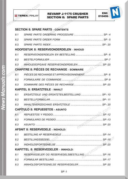 Terex Models J-1175 En 010480 Spare Parts Catalogue