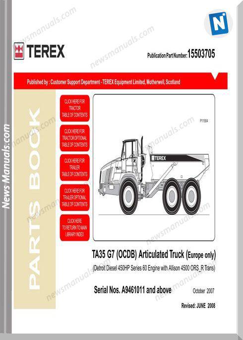 Terex Ta35 G7 (Ocdb) Articulated Truck (Europe Only) Parts Book