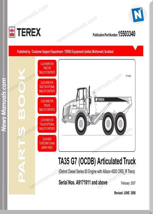 Terex Ta35 G7 (Ocdb) Articulated Truck Parts Book