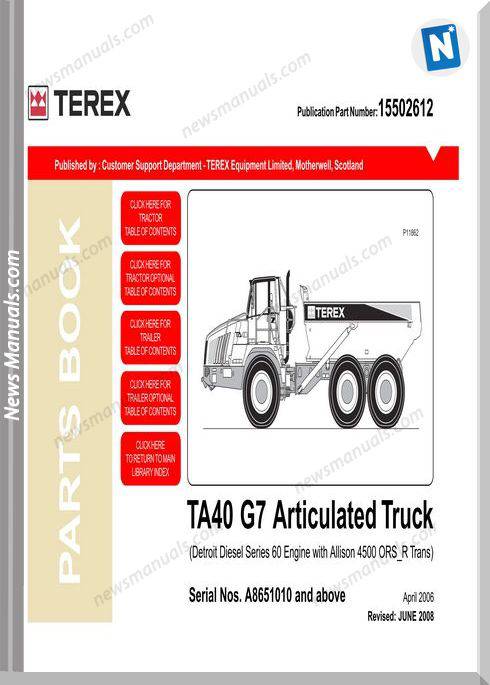 Terex Ta40 G7 Articulated Truck Parts Book Manual