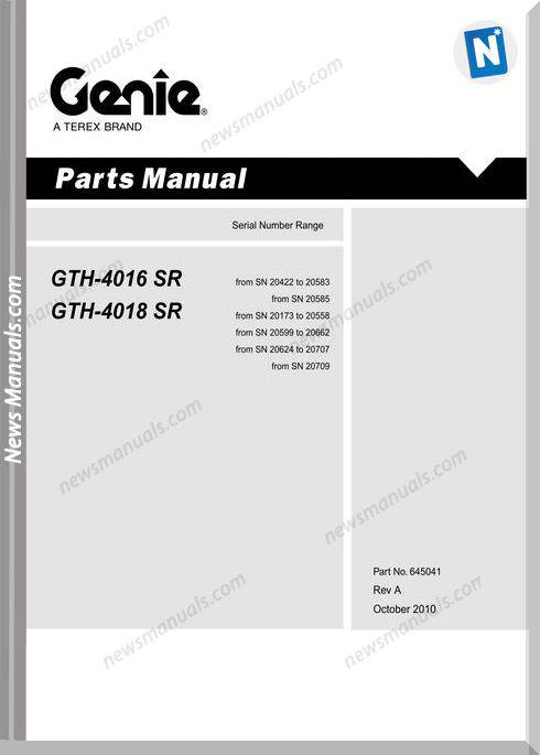 Terex Telehandler Th-4016Srth-4018 Sr Parts Manual