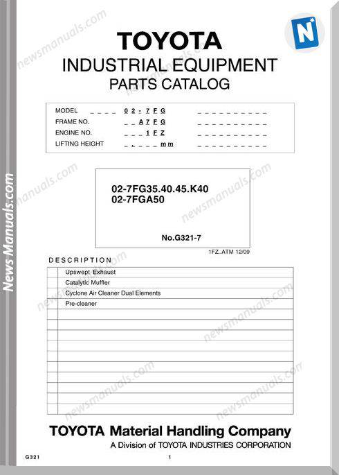 Toyota Forklift 02-7Fg No G321-7 Models Parts Catalogue