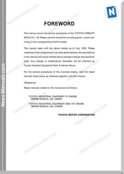 Toyota Forklift 6Fgcu 15-30 Models Repair Manual