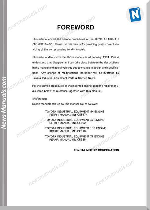 Toyota Forklift 6Fgl6Fd 10- 30 Models Repair Manual