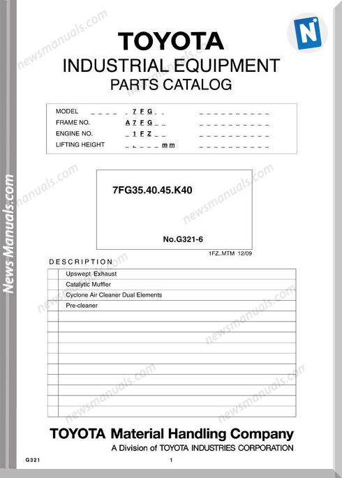 Toyota Forklift 7Fg35,40,45,K40 Models Parts Catalog
