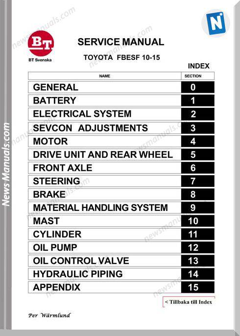 Toyota Forklift Bt Fbesf 10-15 Models Service Manual
