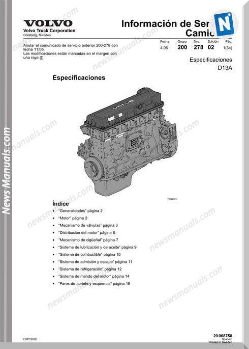Volvo Truck Engine D13A Specifications
