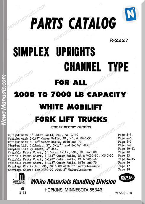 White Fork Lift Simplex Uprights Channel Parts Catalog