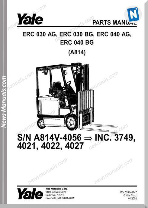 Yale Forklift Erc-Ag-030-040, Erc-Bg-030-040 (A814) Parts Manual