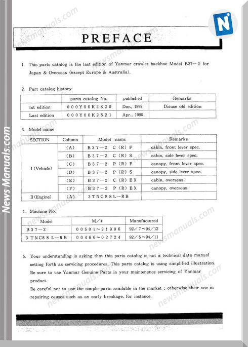 Yanmar Crawler Backhoe B37-2 Parts Manuals