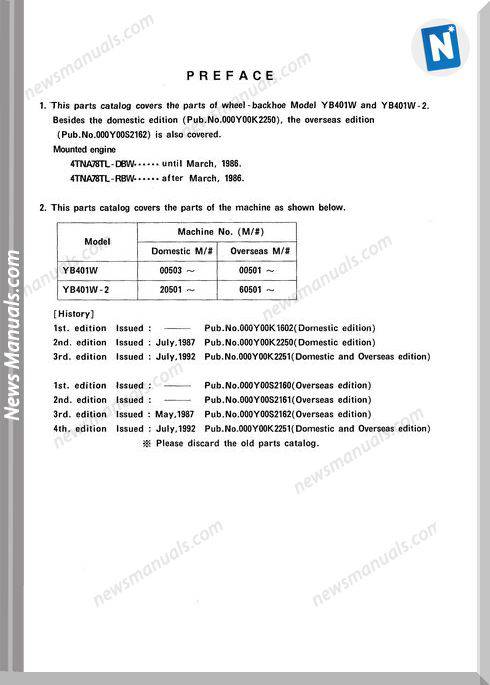 Yanmar Yb401W,Yb401W2 Wheel Backhoe Parts Manuals