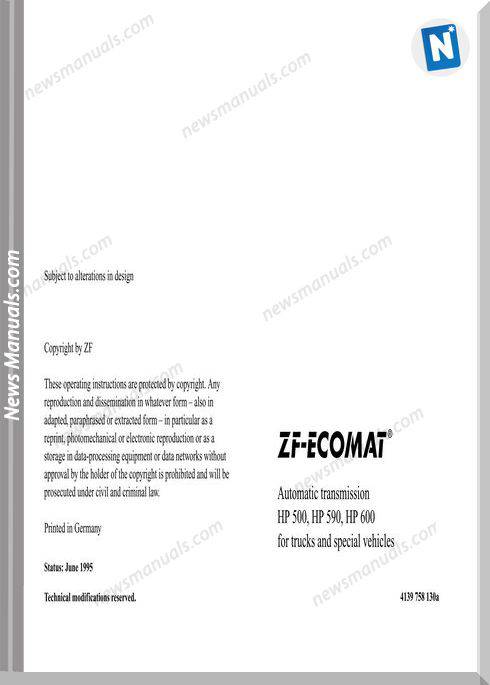 Zf Ecomat Transmission Hp500,590,600 Operation Manual